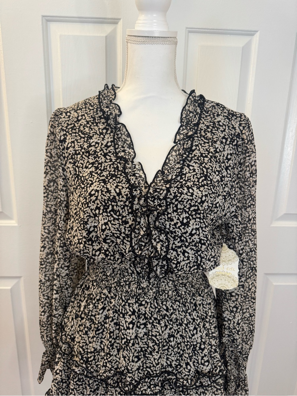 Altar'd State Black and Cream Floral Smock Waist Ruffle Tiered Long Sleeve Dress - Picture 3 of 9